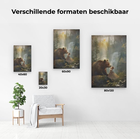 Différentes tailles d'une peinture d'un ours et d'une fille près d'une cascade.