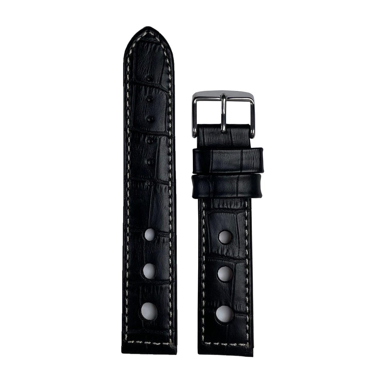 Horlogeband - 20mm - Zwart - Echt leer in croco print met Gaten - Roestvrijstalen gesp