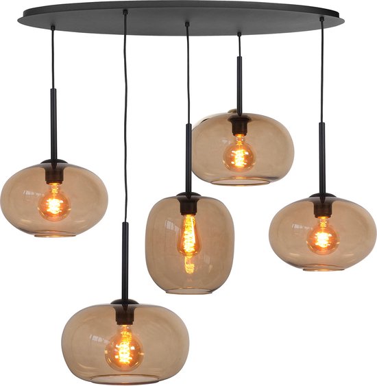 Zwarte ovale eettafellamp | 5 lichts | bruin / zwart | niet spiegelend | glas / metaal | in hoogte verstelbaar tot 160 cm | 100 cm breed | eetkamer / eettafel lamp | modern / sfeervol design