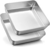 Vierkante Taartvorm Set van 2 Roestvrij Staal - 21 x 21 x 5 cm - Duurzaam - Bakvormen voor Brownie/Lasagne/Cake - Vaatwasmachinebestendig Square baking pan