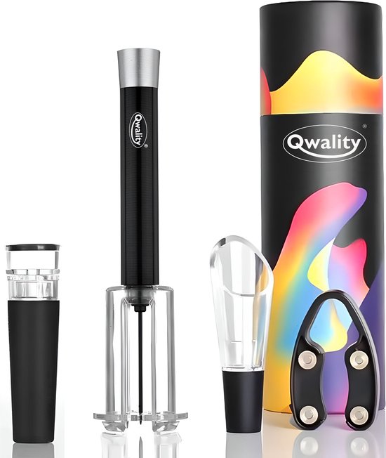 Ensemble d'ouvre-bouteilles Qwality avec ouvre-bouteille à pompe noir, bouchon à vide, aérateur, coupe-capsule et manchon coloré.
