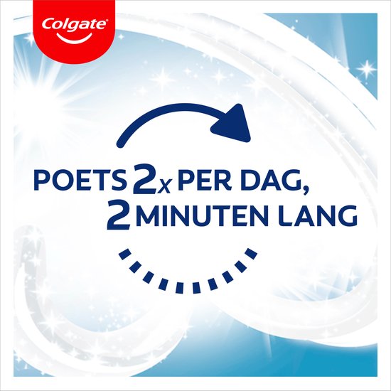 Een blauwe pijl in een cirkel met stippellijn erboven. Tekst: 'POETS 2x PER DAG, 2 MINUTEN LANG'.