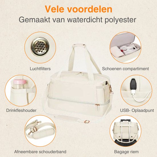 Pazzo Goods - Sac de sport Luna - Polyester - Beige - Trousse de toilette incluse - Port de chargement USB - Compartiment à chaussures - Sac de voyage