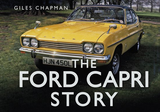 Gele Ford Capri uit 1970 op een grasveld, met de tekst "The Ford Capri Story".