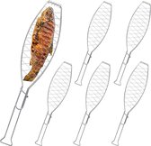 visklem bbq - set van 6 - visrooster met handgreep - totale lengte 54 cm - rvs - zilver
