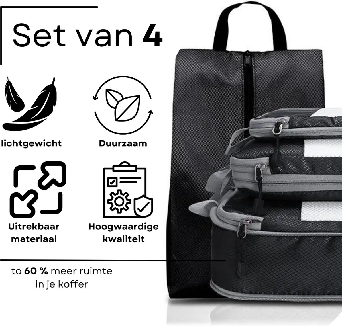 Bol.com Packing Cubes Compression - Reistasjes - Koffer Organizer set 4 Delig - Packing Cubes Backpack - Compression Cube - Reis... aanbieding