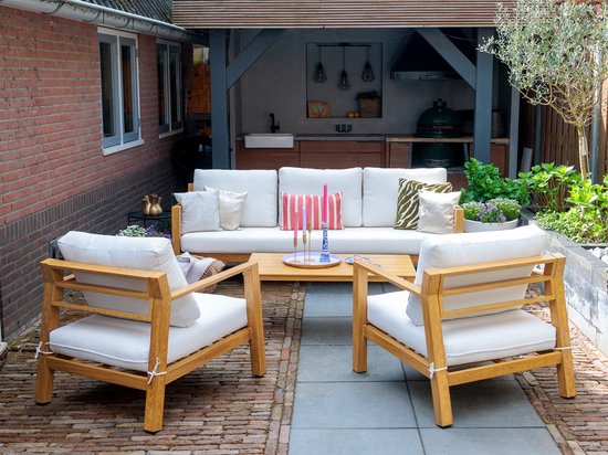 AXI Orla Canapé de jardin 4 pièces Aspect bois/beige - 2 Fauteuils de jardin et 1 canapé avec table - Structure en aluminium thermolaqué - 5 Personnes
