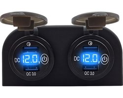 ProRide 12V USB Stopcontact 2 Poorten met Schakelaar en Voltmeter - Tweevoudig Opbouw - QC3.0 - USB Autolader, Boot en Camper - Blauw