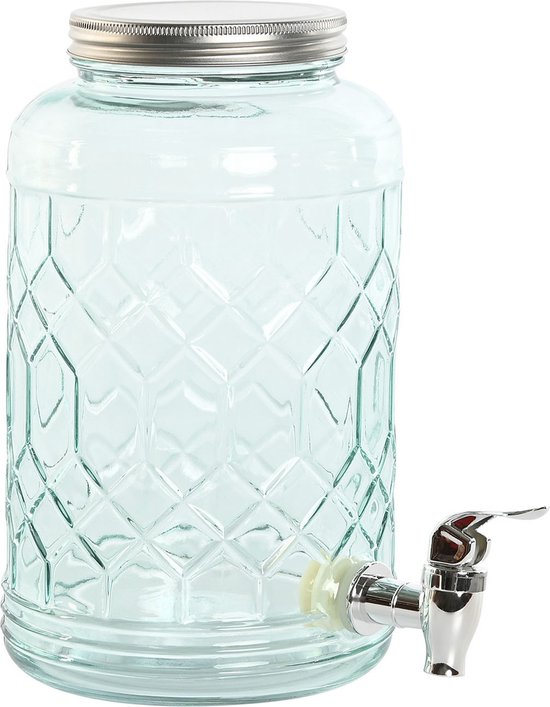 Lichtblauwe glazen drankdispenser met diamantpatroon, zilverkleurig tapkraantje en deksel.