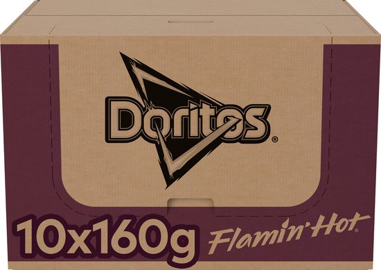 Doos met 10 Doritos Flamin Hot zakken van 160g.