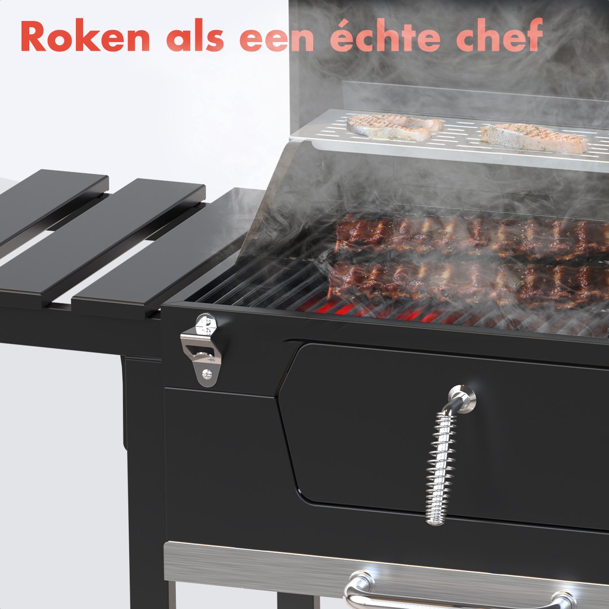 KitchenBrothers Houtskool BBQ - Smoker Barbecue - Verstelbaar Kolenrooster - PFAS Vrij - 42x57cm Grilloppervlak - Zijpanelen - Zwart – foto 3