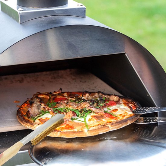 NUTUNI Pizzaovenborstel, reinigingsborstel met stalen schraper en messing borstelharen voor pizzaoven gasgrill, ovenborstel houten handvat, pizzasteenborstel