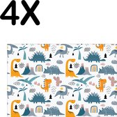 BWK Textiele Placemat - Dino Patroon - Kinderlijk - Getekend - Set van 4 Placemats - 45x30 cm - Polyester Stof - Afneembaar