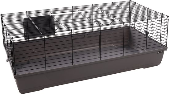 Hamsterkooi – Flamingo Mobi – caviakooi & dwergkonijnenkooi – ruime binnenkooi met hooiruif en diepe bodem – metaal zwart & grijs – 117,5x58x42,5 cm – Europese kwaliteit