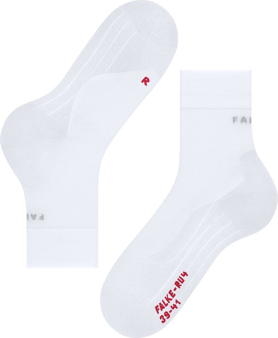 Witte Falke RU4 sportsokken, enkellang, met rode 'FALKE-RU4 39-41' tekst.