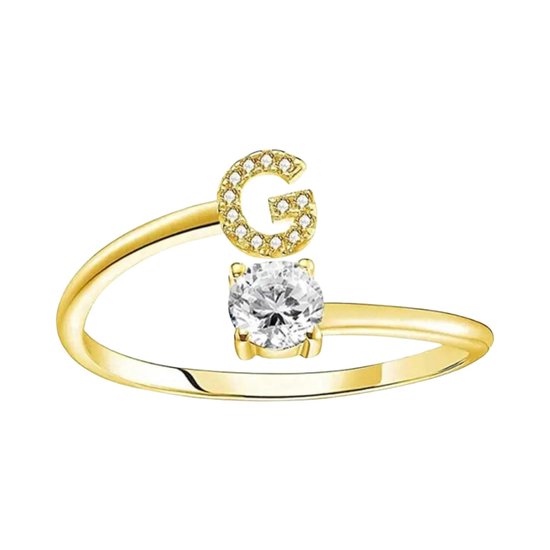 Zilveren Ringen - Letter ring G met zirkonia Gold | Verstelbare ring met letter G | 925 Sterling Zilver - 925 Keurmerk Stempel - 925 Zilver Certificaat - In Leuke Cadeauverpakking - Moederdag tip!