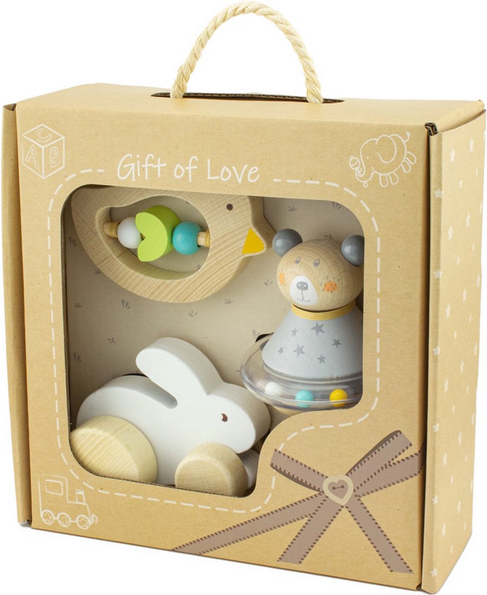 cadeauset baby- houten speelgoed- konijn-vogel-beertje- speelgoed vanaf geboorte