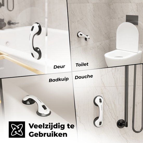 Vier afbeeldingen die de veelzijdigheid tonen: badkuip, deur, toilet en douche.