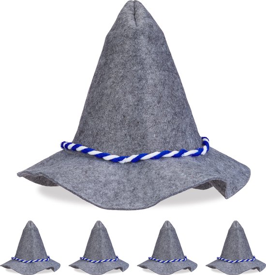 Foto: Tiroler hoed set van 5 blauw wit koord verkleedhoed carnaval grote flap vilt grijs blauw
