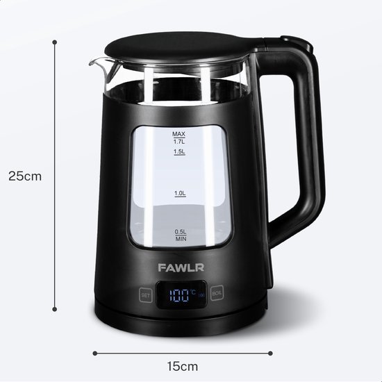 Zwarte FAWLR waterkoker van glas, 25cm hoog en 15cm breed, met LED-display.