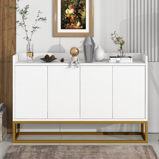 Sweiko Modern Dressoir in minimalistische stijl, 4-deurs handvatloze buffetkast voor eetkamer, woonkamer, keuken, Wit