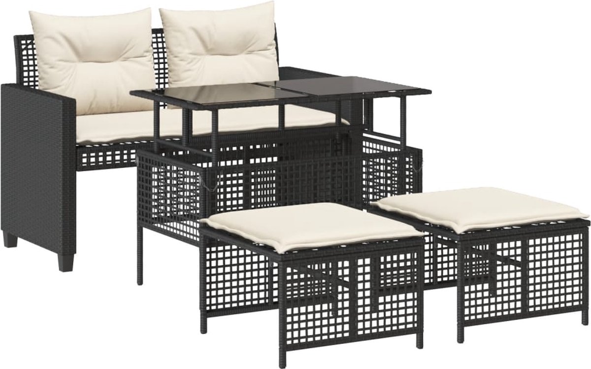 vidaXL 4-delige - Loungeset - met - kussens - poly - rattan - en - glas - zwart