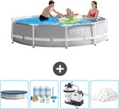 Piscine Intex Round Prism Frame - 305 x 76 cm - Grijs - Couverture incluse - Kit d'entretien - Pompe de filtration de piscine - Boules filtrantes