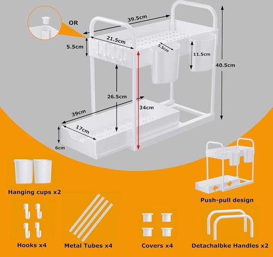 Rek Voor Onder De Wastafel, 2 Etages, Uittrekbare Keukenkastorganizer Met 4 Haken En 1 Manden Verzamelmanden Multifunctionele Organizer Voor Keuken En Badkamer