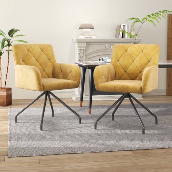 Set van 2 eetkamerstoelen met ruitpatroon, gestoffeerde fauteuil met 4 metalen poten, moderne loungestoel, stoel voor woonkamer, slaapkamer, studeerkamer en bureau, gemaakt van spons en fluweel, geel