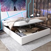 Sweiko Comfortabel gestoffeerd bed met LED lichtstrips, 180*200 cm, tweepersoonsbed met lattenbod, rugleuning, hydraulisch functioneel bed, synthetisch leer, Wit
