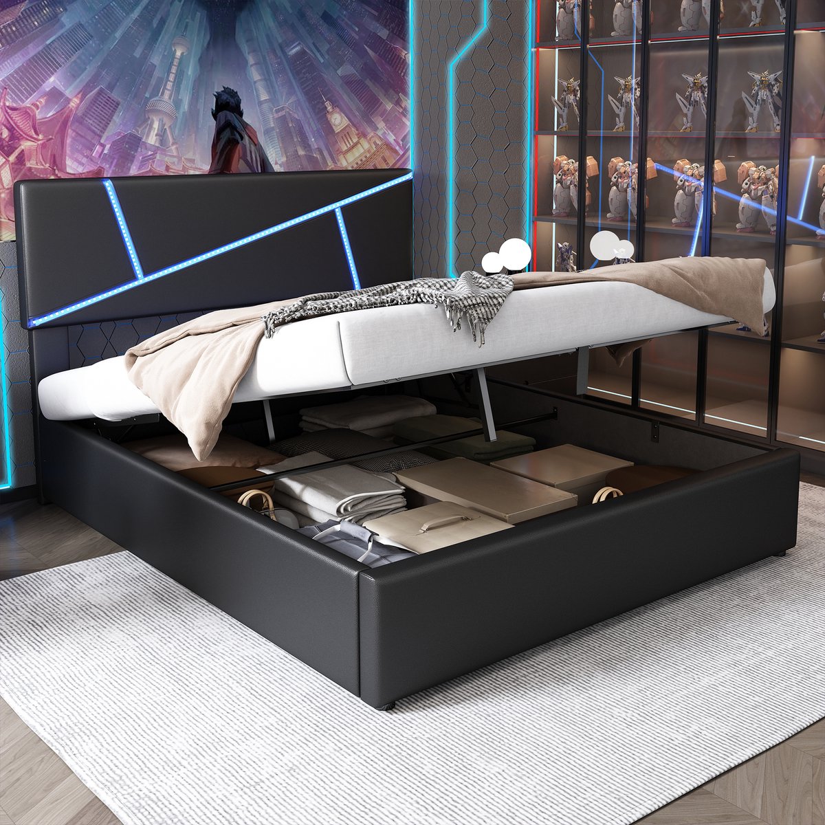Sweiko Gestoffeerd bed - 140 x 200 cm - LED-verlichting - Hydraulische opbergruimte - Kunstleer - Zwart
