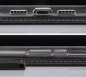 Étui portefeuille noir pour iPhone ; détail des ports et des boutons latéraux.