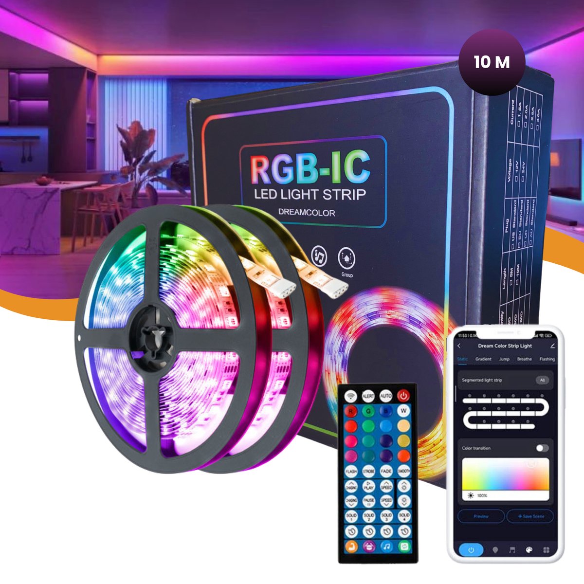 Lucion® RGBIC Led Strip 10 Meter Dreamcolor - Led Light Strip 10 Meter - Smart Wifi Led Strip - Led Lights 10 Meter - Google Home & Alexa App- & Afstandsbediening