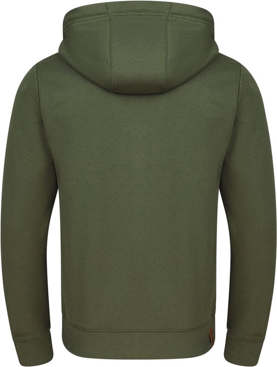 Achterkant van de olijfgroene hoodie met capuchon en lange mouwen.