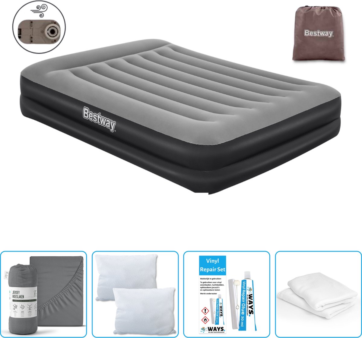 Bestway luchtbed - 2-Persoons - 152 x 203 x 46 cm - Grijs - Inclusief pomp - Hoeslaken - Kussen - Kussenbeschermer en Reparatieset
