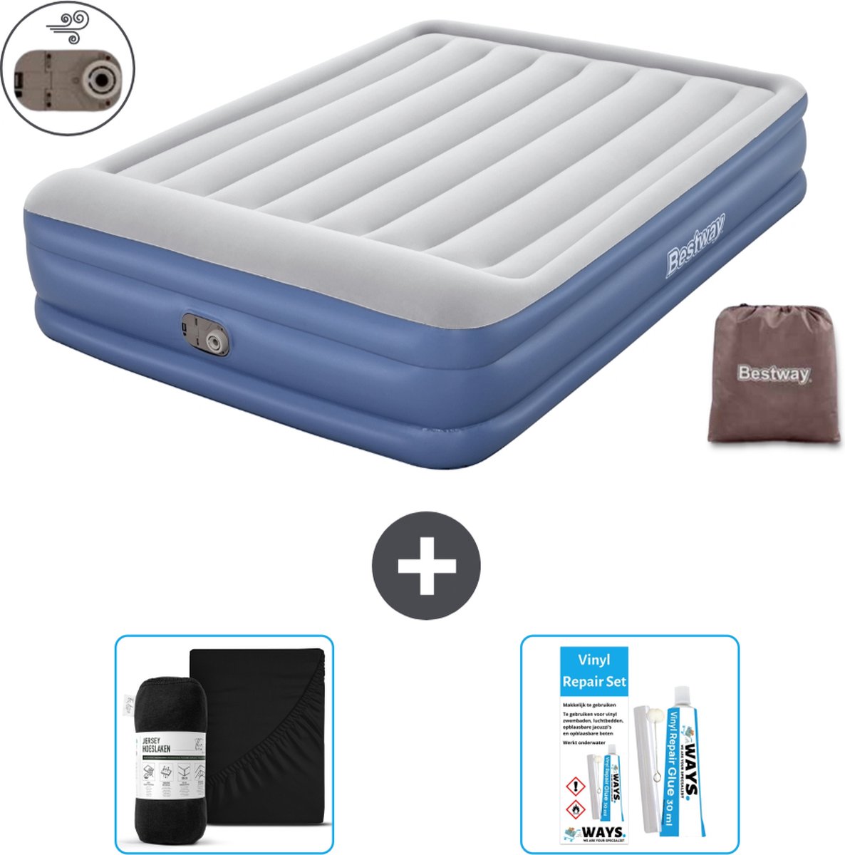 Bestway luchtbed - 2-Persoons - 152 x 203 x 46 cm - Grijs/Blauw - Inclusief pomp - Hoeslaken en Reparatieset