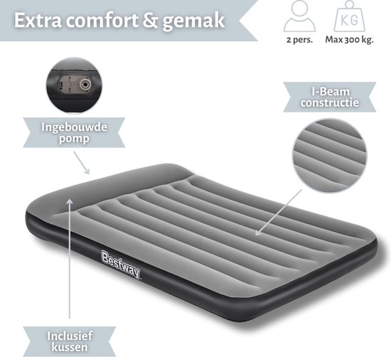 Bestway luchtbed - Twijfelaar - 137 x 191 x 30 cm - Grijs - Inclusief pomp - Hoeslaken - Kussen - Kussenbeschermer en Reparatieset van Bestway — afbeelding 5