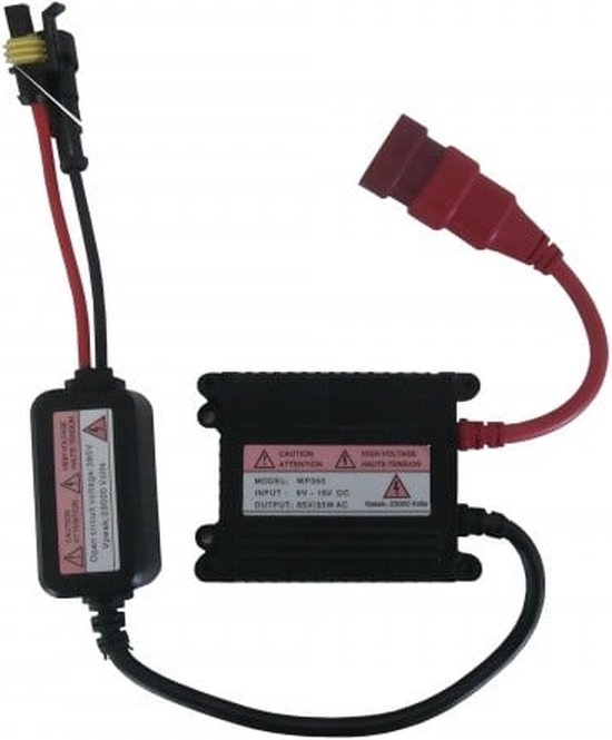 Een zwarte HID-ballast met rode en zwarte kabels en een zwarte adapter.