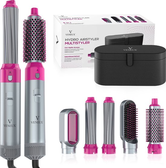 VENEUX® Föhnborstel - Airstyler - Krulborstel - Krultangen - 5 in 1 Multistyler - Met Opbergcase - Grijs