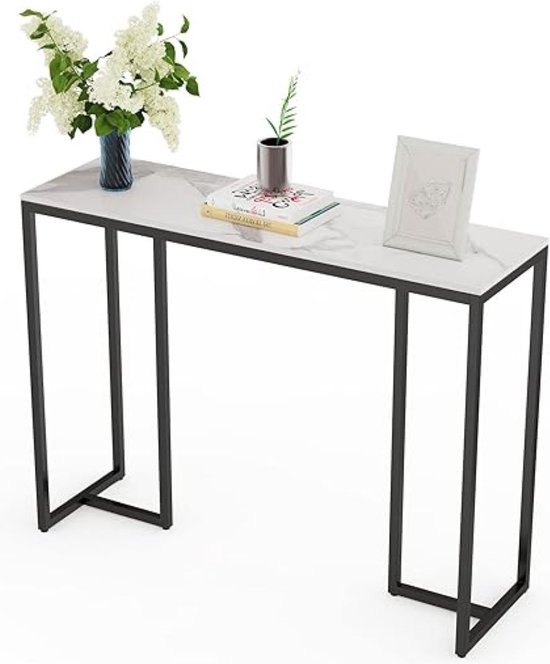 SHOP YOLO-bijzettafel - echte gesinterde stenen tafel hoogglans marmer tafelblad textuur tafelblad met stabiele metalen poten-100x30x78,5 cm