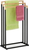Relaxdays handdoekenrek 3 stangen - zwart ijzer - bamboe - handdoekstandaard - badkamer