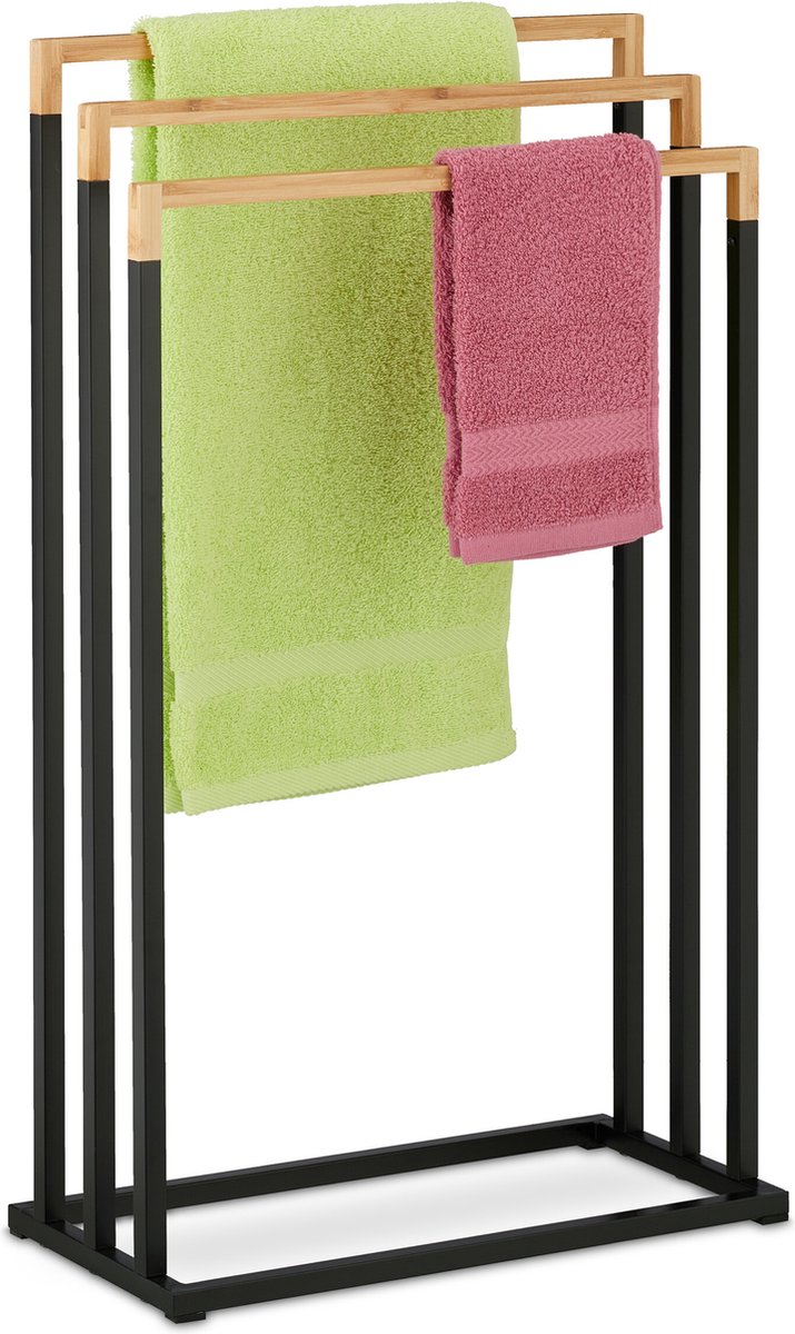 Relaxdays handdoekenrek 3 stangen - zwart ijzer - bamboe - handdoekstandaard - badkamer