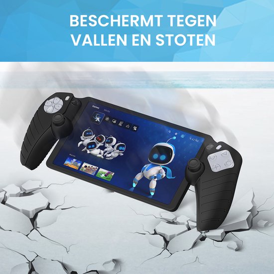 Zwarte hoes voor de Playstation Portal die beschermt tegen vallen en stoten, getoond op gebarsten grond.