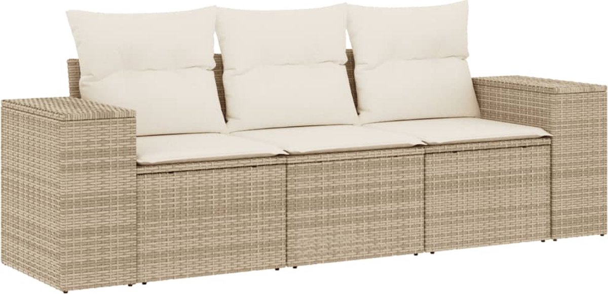 vidaXL 3-delige - Loungeset - met - kussens - poly - rattan - beige
