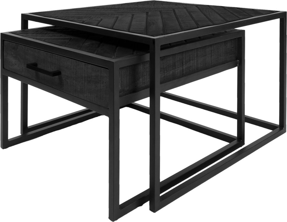 Home67 Salontafel Ruby Visgraat - Zwart Mangohout - Set van 2 - Visgraat patroon