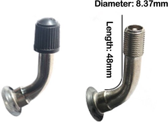 Ventiel van 48 mm lengte en 8,37 mm diameter, met rubberen dop.