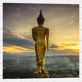 Muursticker - Gouden Buddha op Standaard met Uitzicht op Landschap - 50x50 cm Foto op Muursticker