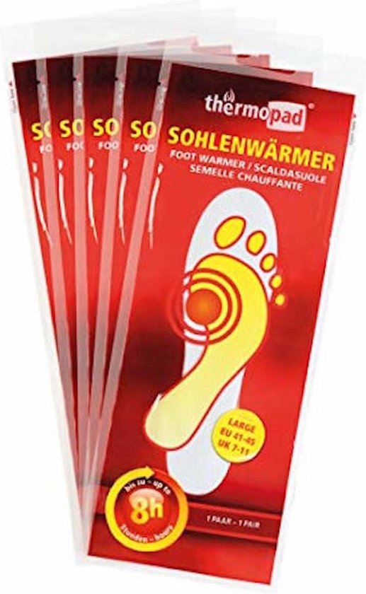 Cinq emballages de semelles chauffantes thermopad, rouges avec illustration de pied. Taille L.