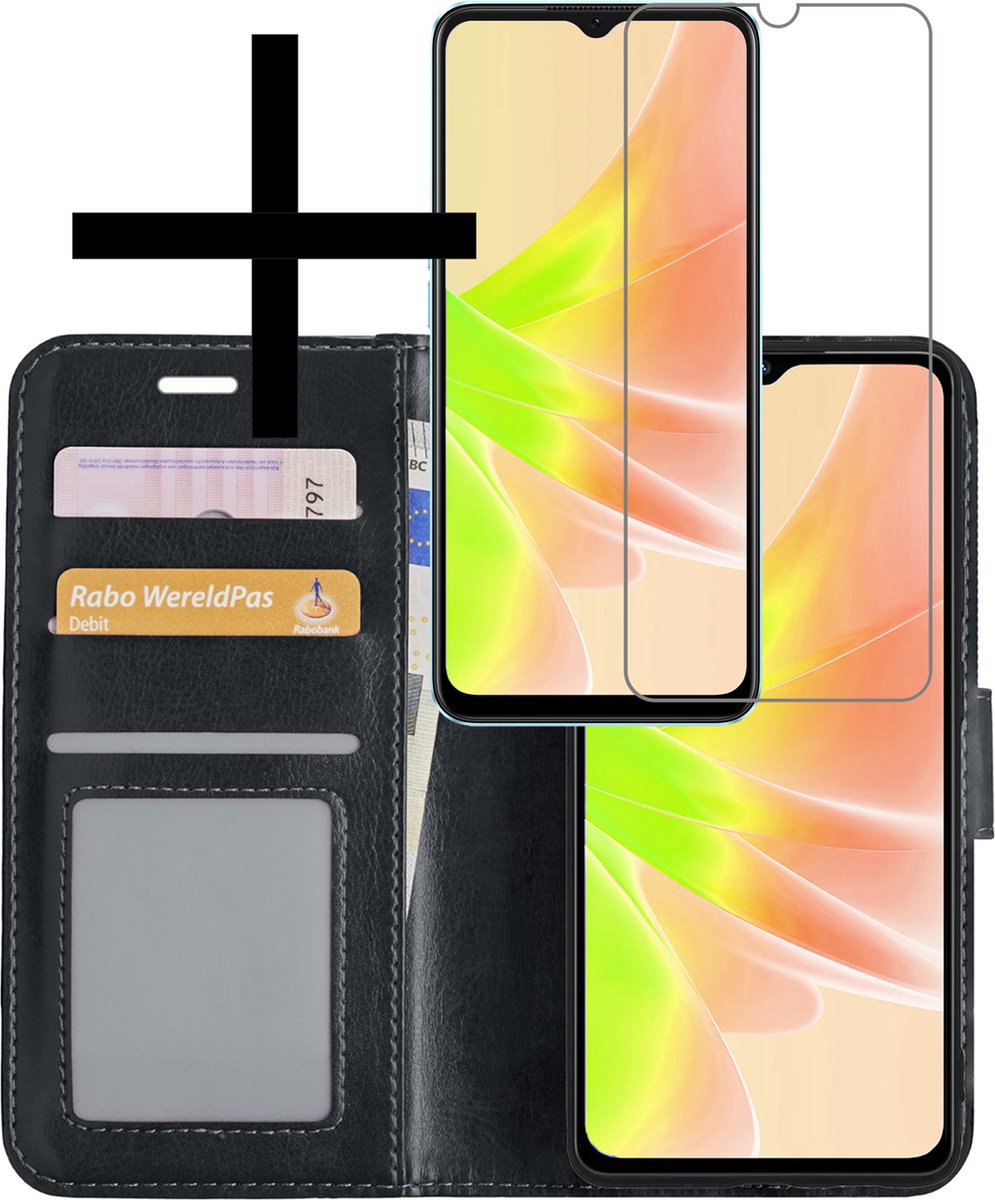 Hoesje - Met Screenprotector - Geschikt voor OPPO A57s - Luxe Pasjeshouder - Bookcase Portemonee - Flip Case - Kunstleer Book Case - Flipcase - Book Cover - Walletcase - Portemonneehoes - Zwart