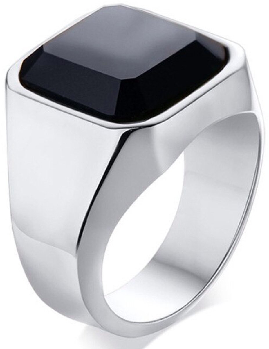 Zegelring Heren Zilver kleurig met Zwarte Steen - Staal - Ring Ringen Mannen - Papa Cadeau Voor Mannen - Vaderdag